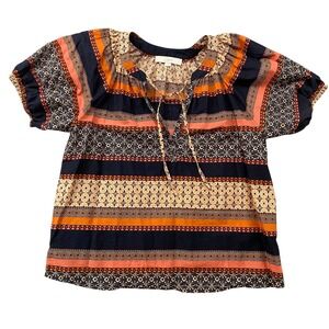 LOFT Womens XS NWOT Boho Border Print Split Neck Puff Sleeve Cotton Blouse